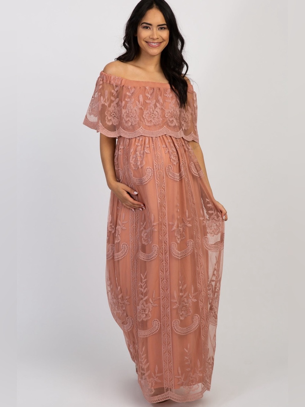PinkBlush Light Pink Lace Mesh Overlay Off Shoulder Maternity Maxi Dress Size M